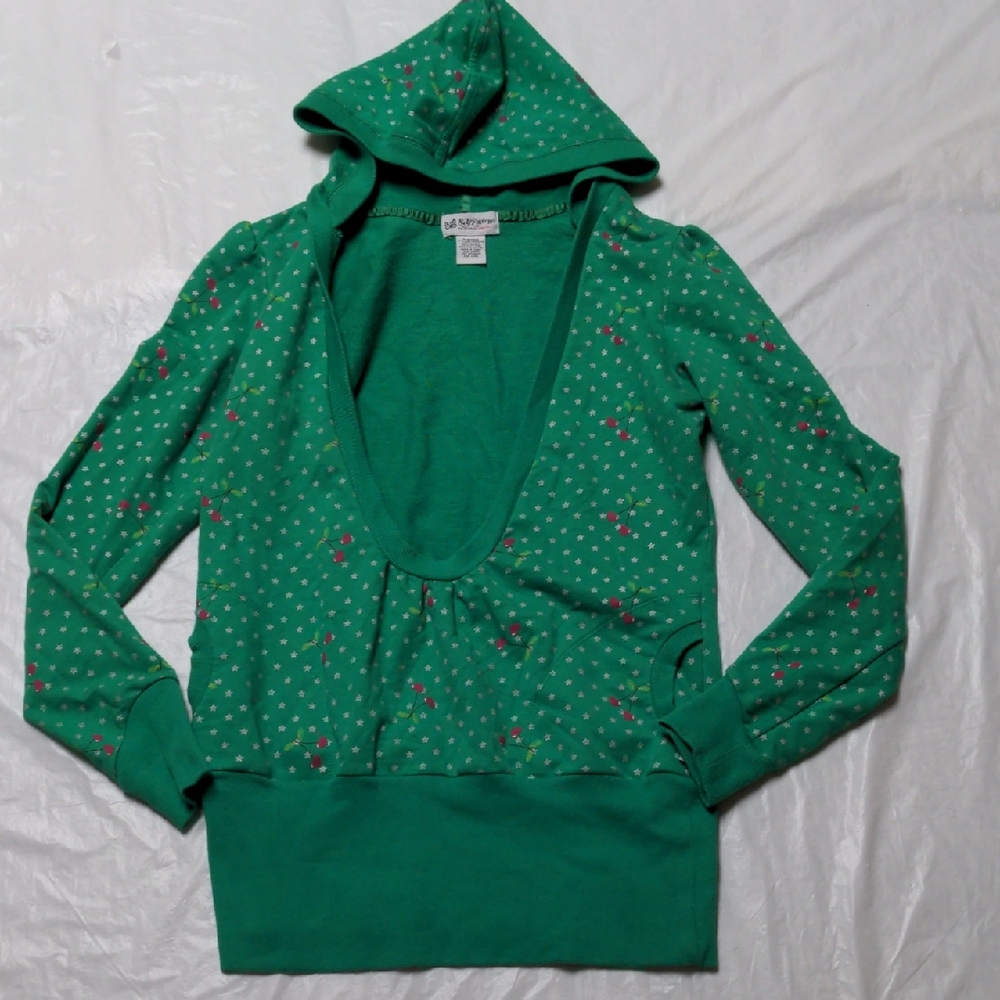 Self Esteem Vintage Y2K Green Cherry Print Hooded Sweatshirt Indie Skater Sz Lg